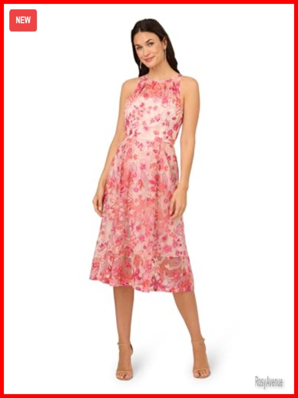 Adrianna Papell Womens Embroidered Fit and Flare Halter Midi Dress